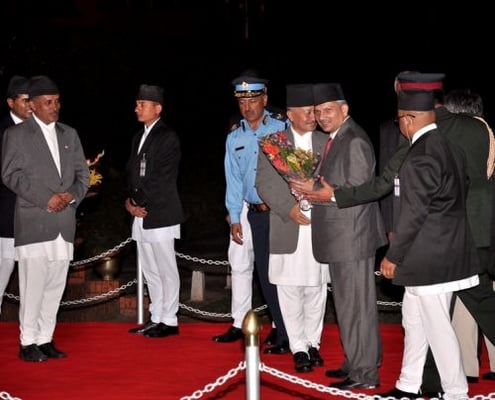 BACK HOME: Prime Minister Baburam Bhattarai at the Tribhuvan International Airport returning from his four-day trip to India on Sunday.