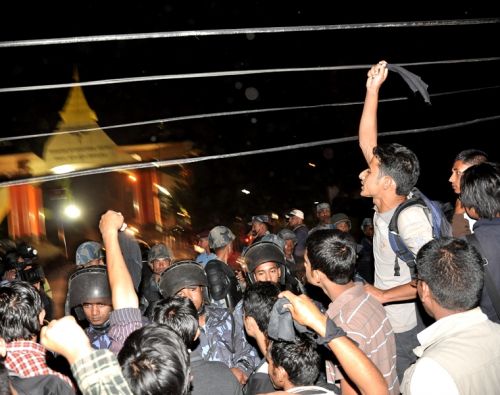 BLACK WELCOME: Protesters of Prime Minister Baburam Bhattarai's decision to sign the BIPPA with India stand outside the Tribhuvan International Airport as the PM returns from his four-day India trip on Sunday.