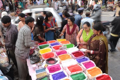 FESTIVE COLOURS: A vendor in Indrachok, Kathmandu, sells colourful powders for Tihar on Monday.