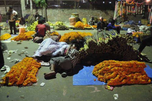 NIGHT MARKET: A flower vendor camps on the road beside other shops on Tuesday night ahead of Laxmi puja, when flowers sell most.