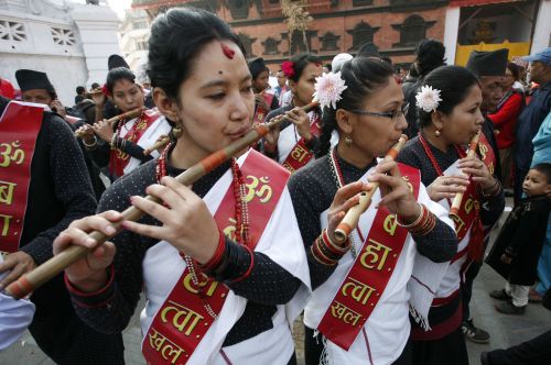 NHU DAYA BHINTUNA: Newar women participate in a rally to mark the Nepal Sambat 1132 in Basantapur on Thursday. The government had adopted Nepal Sambat as a national calendar earlier this week as one of the official calenders.