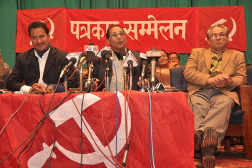 OUR SAY: The hardline faction of the Maoists, Netra Bikram Chanda, Mohan Baidya and Ram Bahadur Thapa at a press meet organised on Wednesday, where they expressed dissatisfaction with the 7-point peace deal signed by the top political leaders a day before.