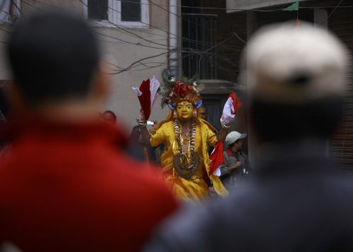 MASKED DANCE: A man dresses as Lord Basundhara and performs a traditional mask dance during the Khadgha Siddhi festival in Kathmandu on Saturday. The festival is held once in twelve years.