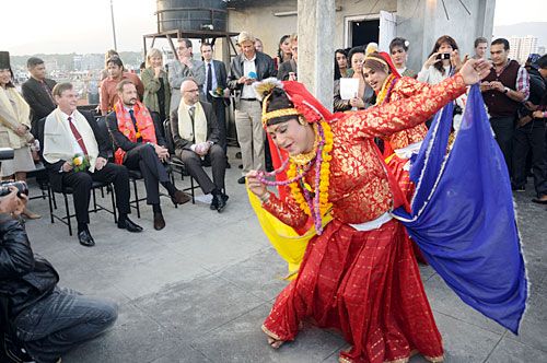 AID FOR AIDS: Norwegian Ambassador to Nepal, Alf Arne Ramslien, Norway's Crown Prince Haakon Magnus and the UN Resident and Humanitarian Coordinator for Nepal, Robert Piper (L-R), visit Cruise AIDS, a community-based organisation affiliated with the Blue Diamond Society on Monday.