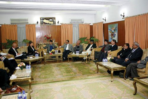 LET'S TALK: Helen Clark, the Administrator of the United Nations Development Programme (UNDP) and Chair of the UN Development Group meets PM Baburam Bhattarai and other top political leaders at the PM's residence in Baluwatar on Wednesday.