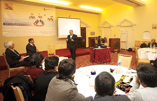 ONLINE INCLINE: Douglas Arellanes from Sourcefabric, an open source media support organisation, gives a talk on social media marketing to Nepali professionals at a seminar organised by Himalmedia in Kathmandu on Sunday.