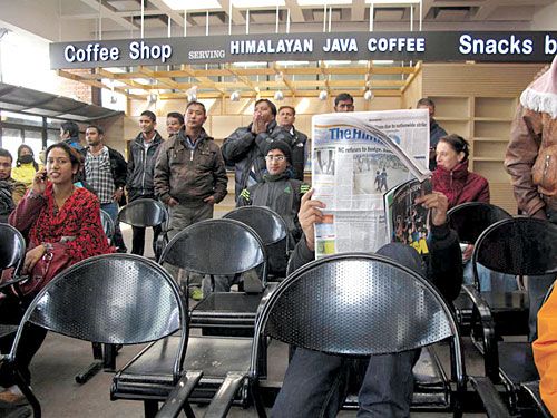 ARRIVAL COFFEE: Himalayan Java's fancy new coffee shop at the airport arrival lounge in Kathmandu is getting its finishing touches.