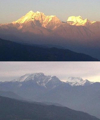 ONE YEAR TO THE NEXT: Gaurai Shankar and Melungtse glow in a golden sunset on 31 December 2011 from Charikot. But new year's day brings overcast skies, snow and perhaps some much-needed rain for Nepali farmers.