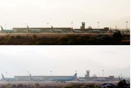 PARKING FULL: Flights stranded at the Tribhuvan International Airport on Monday. Flights were neither able to take off or land because of the cloudy weather.