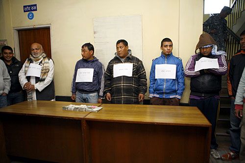 THE CATS' OUT OF THE BAG: Lawmaker and chairman of Nepal Sadbhawana Party (Anandi Devi) Shyam Sundar Gupta and his accomplices, who were arrested on charges of abducting Kathmandu-based businessman Pawan Sanghai, being made public by the police in the capital on Tuesday.