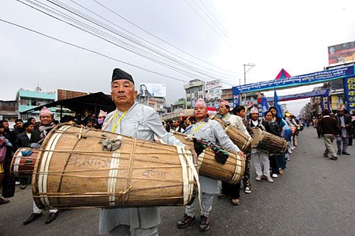 BEATING THE DRUMS: Limbus perform Chiyabrung dance at the International Conference on implementation of indigenous people's right to self determination and autonomy in Dharan on Saturday.