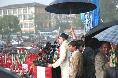 WHEN IT RAINS IT POURS: Prime Minister Girija's Koirala address to a republican victory rally in Kathmandu on Sunday afternoon coincided with the breaking of the monsoon rains.