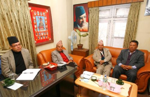 JOINING FORCES: Senior leaders NC and CPN-UML meet at the latter's headquarters Balkhu on Monday. The two main opposition parties have given a one week ultimatum to the government to expedite the peace process and to withdraw recent controversial decisions.