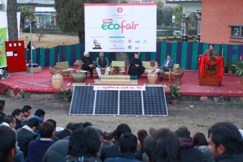 ECO START: Krishna Gyawali, Secretary of Ministry of Environment speaks at the inauguration function of the Nepali Times eco fair at the Nepal Academy Hall, Kamaladi on Friday. The two-day exhibition will showcase eco-friendly techologies and products.