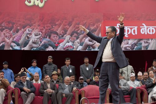 SEVENTEEN: Maoist chairman Pushpa Kamal Dahal addresses a addresses a party mass meeting at Khula Manch organised to mark the 17th anniversary of the 'People's War'.