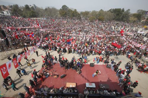 FORCE UP: Thousands of CPN UML cadres gather in Khula Manch, Kathmandu, to attend the inaugural function of party's National Representative Council Meeting on Sunday.
