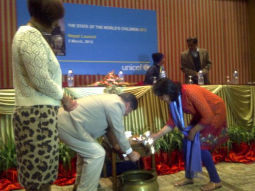 WASHING HANDS: Vice chairman of the National Planning Commission Deependra B Kshetry washing his hands with soap to launch the State of the World's Children Report 2012 on Monday in Kathmandu. UNICEF's Nepal representative Hanaa Singer looks on.