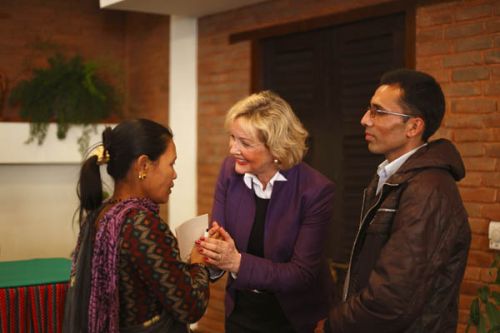 HANDS OF SUPPORT: German Minister Gundrun Kopp greets war victim Purnamaya Tamang at a press conference on Wednesday before wrapping up her visit to Nepal. Kopp has stressed the need to form a Truth and Reconciliation Commission to investigate into war crimes