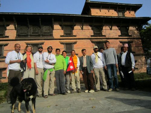 GORKHA JAUN: The Climate Smart Celebrity Trek participants and supporters pose in front of the Gorkha Palace this week during a stopover at the half-way point of their 1,600 km four month trek across Nepal on the Great Himalayan Trail.