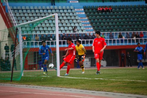 GOAL! DPR Korea strikes a goal against India during their AFC Challenge Cup match at Dasrath Stadium on Tuesday. DPR Korea won the game by 4-0, moving into the semifinals from group B.