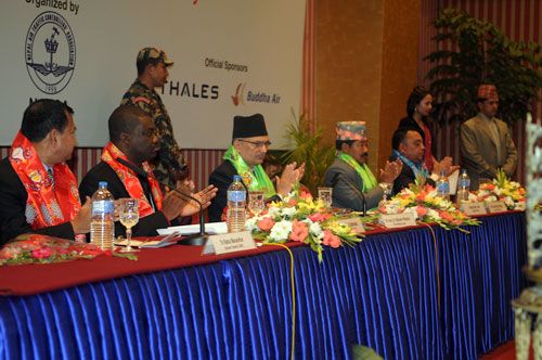 ROGER THAT: PM Baburam Bhattarai with Tourism Minister Lokendra Bista Magar at the 51st International Conference of Federation of Air Traffic Controllers' Association in Kathmandu on Monday. The conference was attended by 73 countries.