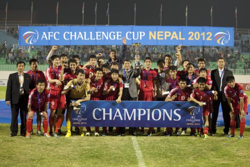 WE ARE THE CHAMPIONS: DPR Korea lift the AFC Challenge Cup, defeating Turkmenistan 2-1 in the final match played at Dasrath Stadium on Monday evening. Seven teams- Nepal, India, the Maldives, the Philippines, Palestine, DPR Korea and Turkmenistan- had participated in the tournament.