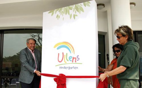 RED RIBBON: Patrons of Ullens School, Baron Guy Ullens and Myriam Ullens, inaugurating the Ullens Kindergarten in Lalitpur last week.