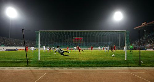GOAL! DPR Korea's Jang Song-hyok strikes the penalty goal that gave the country a 2-1 win over Turkmenistan in the final match of the AFC Challenge Cup played at Dasrath Stadium on Monday evening.