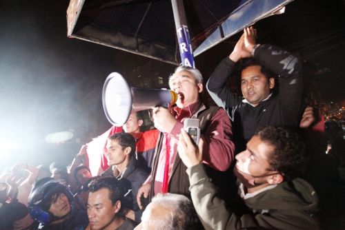 OUT LOUD: Maoist leader Ram Bahadur Thapa speaks at the end of a torch rally, organised by the hardliner faction of the party in protest of the decision to deploy Nepal Army in PLA cantonmetns on Wednesday in Kathmandu.