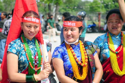 WE THE INDIGENOUS PEOPLE: Women from the Tamang community gather at Khulamanch on Wednesday for an event celebrating indigenous people.