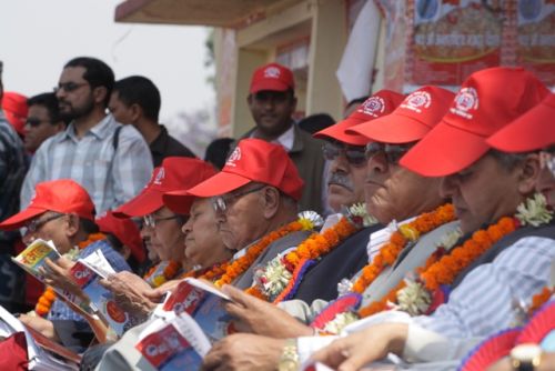 ALL RED: UCPN-M Chairman Pushpa Kamal Dahal and senior Maoist leaders at the May Day celebration organised by All Nepal Trade Union Federation (ANTUF) in Kathmandu on Tuesday. The dissident Baidya faction organised a separate function in Basantapur.