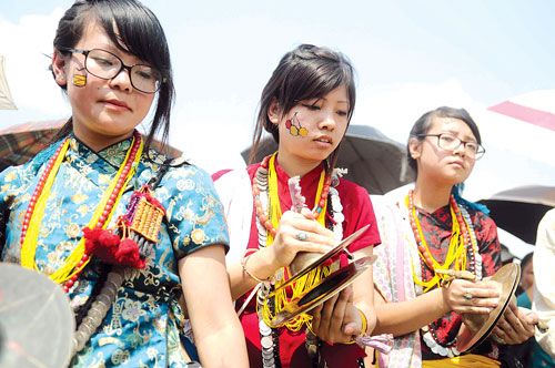PRETTY MAIDS IN A ROW: Kirat girls perform Sakela dance to celebrate Ubhauli festival on Sunday at Tudikhel.