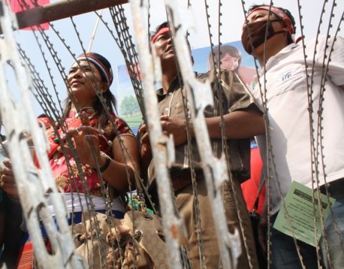 RESTRICTED ZONE: Protestors being held by police barricades at the restricted zone infront of the Constituent Assembly on Friday. Thousands of Tamsaling activists marched the streets, many dressed in their traditional attire, demanding ethnic autonomous state.
