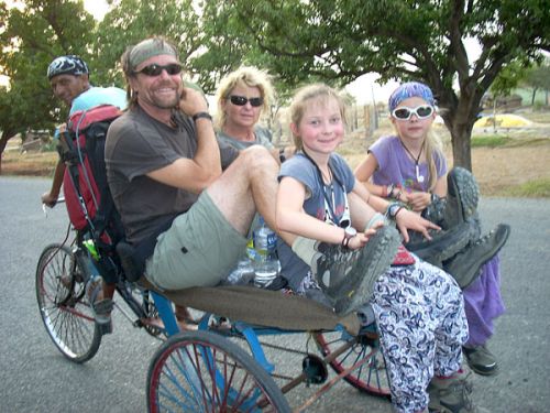 ROAD TRIP: A French family arrives in Lumbini from Butwal on Thursday, travelling over 50 KM in a rickshaw. A banda by Tharuhat Struggle Committee in Butwal has halted transportation in the area.