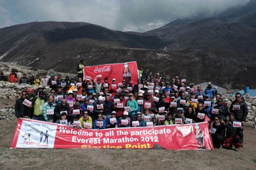 HAPPY EVEREST DAY: Participants of 10th Tenzing-Hillary Everest Marathon receiving their chest number at Dingboche, Solukhumbu on Wednesday.