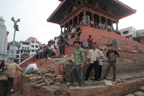 FACE LIFT: Locals enjoy the shade of temple under renovation in Basantapur on Friday evening.
