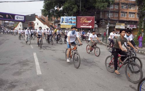 CYCLE CITY: Locals cycle from Patan Darbar Square to Basantapur Darbar Square, calling for a cycle friendly Kathmandu on Saturday.
