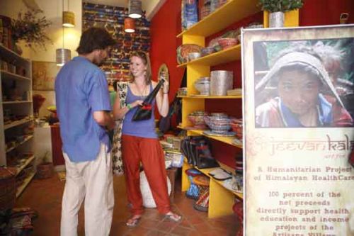 ECO-SHOPPING: Tourists stop at a store in Thamel that sells recycled plastic products on Wednesday.