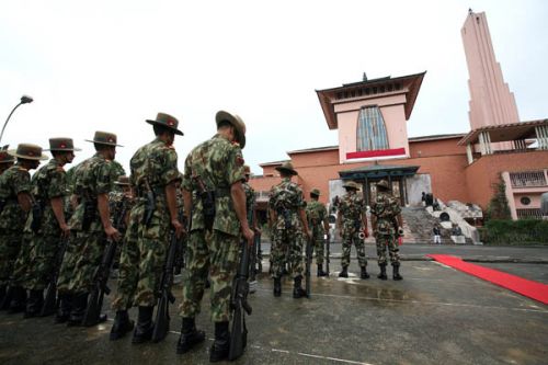 PRAETORIAN GUARDS: The army contingent at Narayanhiti before the flag hoisting on Sunday.