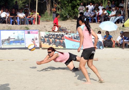 STRONG SIDE: Participants at the National Women's Beach Volleyball being organised at Kirtipur on Sunday. Fourteen teams are participating in the three-day tournament.