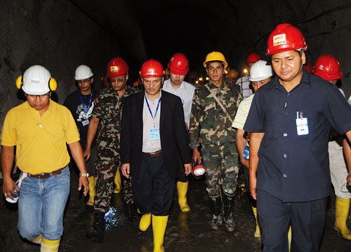 LEFT RIGHT LEFT: PM Baburam Bhattarai inspects construction at the tunnel of Melamchi drinking water project in Sindhupalchok on Monday.