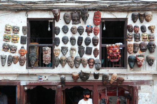 MASKED FACES: Masks on display at a store in Basantapur on Saturday.