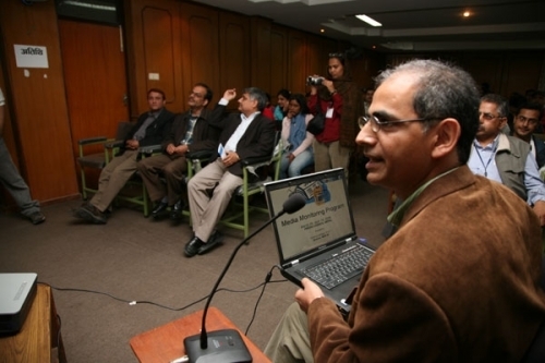 LOWDOWN: Director of the Media Monitoring Programme, Dharma Adhikari, briefing media people at the Department of Information.