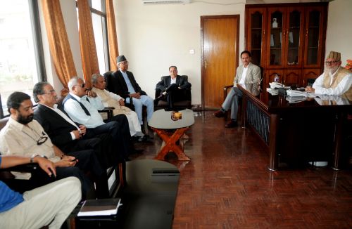 GET TOGETHER: Top leaders of UCPN (Maoist), NC, CPN UML and UDMF hold a joint meeting for the first time since the dissolution of the CA at the NC party office in Sanepa on Wednesday.