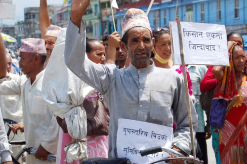IT IS TIME: Farmers in Jhapa protest shortage of chemical fertilisers on Saturday, as the paddy plantation season begins.