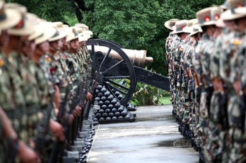 PRAETORIAN GUARDS: The army contingent at Narayanhiti before the flag hoisting on Sunday.
