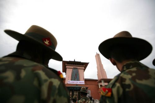PRAETORIAN GUARDS: The army contingent at Narayanhiti before the flag hoisting on Sunday.