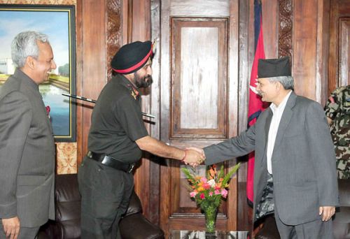 COURTESY CALL: Indian Army Chief General Bikram Singh meets PM Baburam Bhattarai at his office at Singha Darbar on Wednesday, during his five day visit. PIC