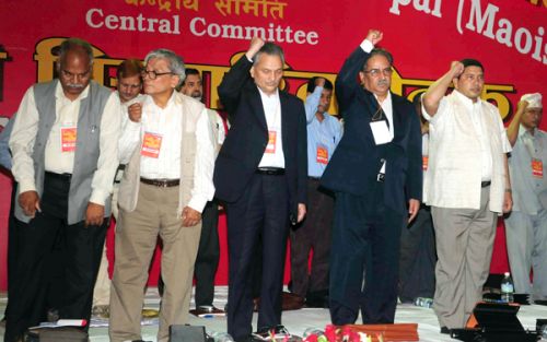 NICE MOVE: Maoist leaders at the seventh plenum of the party at Bhrikuti Mandap, Kathmandu, on Tuesday morning.  PIC