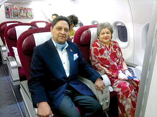 MONSOON GETAWAY: Former king Gyanendra Shah with his wife Komal Shah, as their flight to Doha prepares to take off from Tribhuvan International Airport on Monday. Shah and his family are on a three-week long trip to Europe.